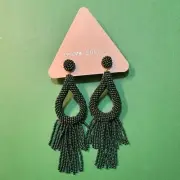 NWT Deepa Gurnani Anthropologie Beaded Fringe Chandelier Earrings Dark Green