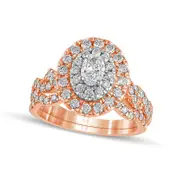1.5 CT. T.W. Oval Natural Diamond Double Frame Multi-Row Bridal Engagement Ring Set in Solid 10K Rose Gold