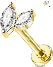 [Jewseen] 14K Gold CZ Cartilage Earring Leaf Cartilage Piercing Jewelry Internally Threaded Stud Earring Helix Earring Tragus Piercing Conch Piercing Jewlery for Women Lip Ring Nose Piercing Jewelry