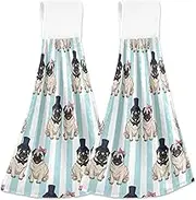 Cute Pugs Striped Blue Kitchen Towels with Hanging Loop Soft Absorbent Bathroom Tie Towels Set of 2, Custom Modern Kitchen Decor 18.2 x 14 Inch