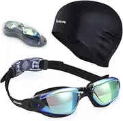 Swimming Goggles Swim Cap Set, Professional Swim Goggles for Women Men No Leaking Anti Fog UV Protection Clear Wide View, Solid Silicone Swimming Cap for Adults Long Hair Waterproof Cover Ears