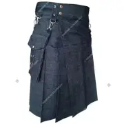 Handmade Cargo Pockets Black Denim Utility Kilt for Men - Made in Cotton
