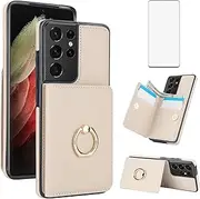 [Asuwish] Phone Case for Samsung Galaxy S21 Ultra 5G Cover with Tempered Glass Screen Protector and RFID Card Holder Slot Ring Kickstand Cell Accessories S21ultra 21S S 21 21ultra G5 Women Men Off White
