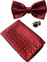 [Zasel] Mens Red Gridded Squares Matching Bow Tie, Pocket Square & Cuff Links Set Red, Silver
