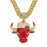Large Bulls Bull Hat Pendant & 20" Iced Cubic Zirconia Chain Hip Hop Necklace