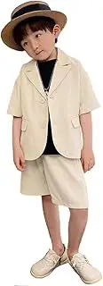[Kromoc] Boys' Peak Lapel 2-Piece Suit Summer Short Sleeves Jacket & Short Pants Tuxedos