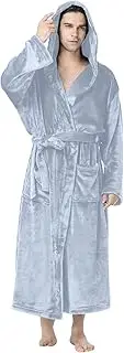 [Generic] Mens Robe with Hood Ultra Soft Full Length Long Sleeve Lightweight Unisex Fleece House Coat, Grey, Large