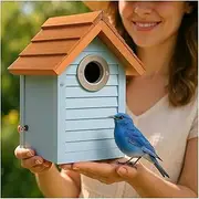 Cedar Shingles Bluebird House, Beach Hut Style Blue Bird House for Outside, Vintage Style, Stainless Steel Entrance Hole Protector, Colorful Garden Decorative (Sea Blue)