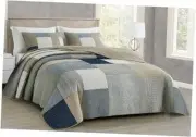 Addy 3-Piece Navy Blue White Gray Taupe Plaid Queen Plaid Patchwork Taupe