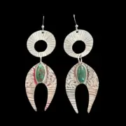 Zuni Sterling Silver Green Turquoise Petroglyph Earrings by Travis Snyder, 3" L