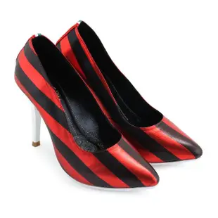 【GREEN PHOENIX 波兒德】女款國際精品時尚撞色條紋義大利羊皮尖頭高跟鞋(紅色)
