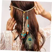 Indian Peacock Feather Headbands Boho Princess Head Chain Bule Adjust