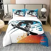 Skateboarder 100% Cotton Duvet Cover 135 x 200 cm for Boys Girls, Hippie Graffiti Skateboard Bedding Set for Children, Sports Game Bed Set, Skater Lovers Duvet Cover, 1 Pillowcase for Bedroom