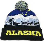 [Generic] Alaska Beanie Knit Hat Big Dipper Husky Sled Dogs Dogteam Mushing Blue Gold Black Pom Pom, Black, 5 7/8