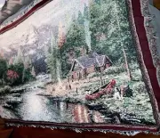 Thomas Kinkade Painter of Light Throw Blanket Tapestry Cabin River 59” NEW