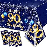GREHUMOR 90th Birthday Decorations Men-3pcs Navy Blue Birthday Table Covers Rectangle Waterproof Plastic Gold Blue Birthday Tablecloth