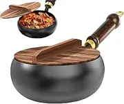 Japanese Iron Pan with Wooden Lid, 24cm Hand Forged Non Stick Iron Pan, Forged Uncoated I-Ron P-an, for Cooker Gas Stir Fry Pans Without Coating Durable and Rust-Free (a)