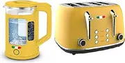 Vintage Toaster & 1.7L Glass Kettle Set - Yellow Modern Design, 4 Slice - LED, Browning Control, Keep Warm - Chrome Trim - Stylish Kitchen Combo