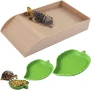 3pcs Tortoise Food Dish with Ramp and Basking Platform Brown Imitation Wood