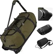 [Vomgomfom] 32" Soft-Sided Foldable Wheeled Travel Duffel Bag,Expandable 110L to 140L Rolling Cargo Bag with 2 Wheels and Multiple Pockets,Army Green
