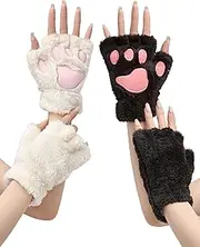 [OTPEH] 2 Pairs Cat Paw Gloves Fingerless Furry Cat Costume Black And White For Women Costume Accessories, Black+white