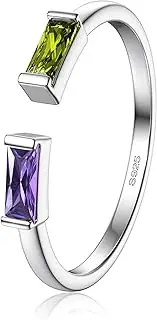 [FIBO STEEL] S925 Sterling Silver Birthstone Rings for Women Non Tarnish Dainty Stackable Rings Adjustable Emerald Green Gemstone Baguette CZ Wedding Engagement Promise Ring for Her Birthday Jewelry