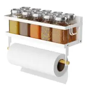 Spice Rack Magnetic Shelf with Paper Towel Holder Roll and Hooks, Foldable Re...