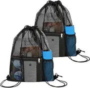 NATURAL STYLE 2 PACK Mesh Drawstring Backpack Bag, Multifunction Mesh Bag for Swimming, Athletic Gym, Clothes, Beach, Swim