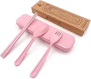 Honbay 3PCS Portable Cutlery Boreal Europe Style Healthy Eco-Friendly Wheat Straw Spoon Chopstick Fork Tableware set for Travel, Picnic, Camping or Just for Daily Use (Pink)