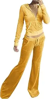 [Olivcker] Women Sweatshirt Velour 2 Piece Outfit Tracksuits Long Sleeve Zipper Hooded Jacket Wide Leg Pants Casual Y2K Suit A1-yellow~lightning Deals of Today, XL, A1-yellow~lightning Deals of Today