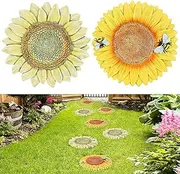 PINPON 2 Pack Sunflower Garden Stepping Stones, 10 Inch Diameter, Yellow, Matte Finish, Farmhouse Style, Hand-Painted, Cement Material, Ideal for Garden or Home Decor