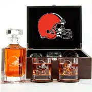 Cleveland Browns - Engraved Football Whiskey Decanter and 2 Glasses In Wood Box