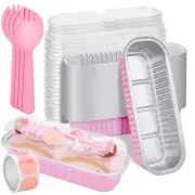 100Pack Pink Mini Cake Pans with Lids Mini Loaf Pans and Spoons and Stickers,...