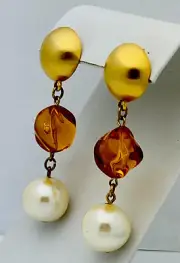 Vintage 1980-90s Matte Gold Tone Faux Pearl Lucite Drop Pierced Earrings