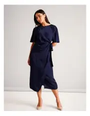 [Basque] Sustainable Viscose Blend Flutter Sleeve Satin Dress in Navy