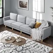 Furb 4 Seater Sofa - Grey Fabric Lounge Sofa, Linen Couch with Cushions, Sofa for Living Room (Natural Wood Legs)