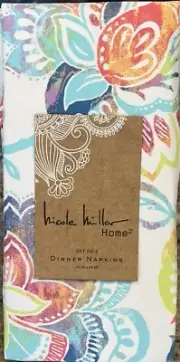 Nicole Miller Bight Blue Orange Jacobean Floral Cloth Napkins Set Of 4￼
