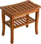 Teak Shower Bench, Spa Bath Shower Stool with Storage Shelf, Wooden Seat Stoo...