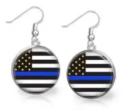 Thin Blue Line American Flag Police Support Glass Top Dangle Earrings 2 Sizes