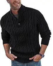 [Beotyshow] Mens Stand Collar Pullover Sweaters Cable Knitted Solid Twisted Thermal Sweaters with Buttons for Men