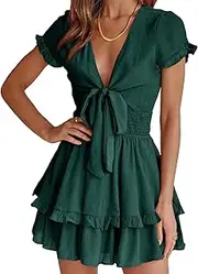 [PRETTYGARDEN] Women's 2023 Summer Swing Mini Dress Tie Front V Neck Short Sleeve Ruffle Layer A-Line Short Dress, Dark Green, Small