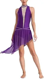 [Generic] Women's Lyrical Dance Dress Figure Skating Performance Costume Sparkly Rhinestones Mesh Ballet Gymnastic Leotard
