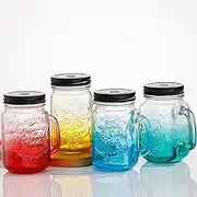 Glass Drinking Mugs, Glass Bottles with Lids and Straws, Reusable Glass Drink Bottles, Juice Bottles for Milk, Juicing, Kombucha, Ginger, Beverage Glassware, Drinking Jars, 16 oz 4 PCS (Red)