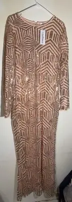 Urban Modesty Long Sleeves Rose Gold Sequins Xl Size Maxi Dress In Beige