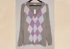 New York and Company Pink Blue Argyle Light Brown VNeck Sweater Pullover Large