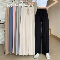 在飛比找momo購物網優惠-【D.studio】韓版冰絲高腰顯瘦寬鬆休閒垂感寬褲(褲子 