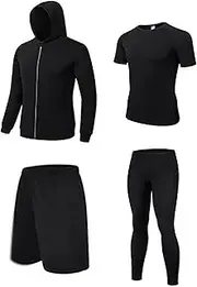 [GUANYUA] Men’s Compression Black 4Pcs,Men Shorts + Short Sleeve + Men's Jackets + Fitness Pants Gym Clothing Set, Quick-Drying Men's Sportswear black-4pcs-S