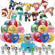 Paw Dog Mini Figurines – Dog Patrol Theme Birthday Party Decoration Flag Banner Cake Insert Balloon Set Supplies –