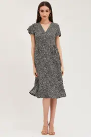 Geo Print Pocket Front Button Midi Dress - Size 10, Women's Midi Dress