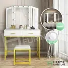 Corner Dressing Table With Mirror Stool Set LED Light Makeup Vanity Desk White